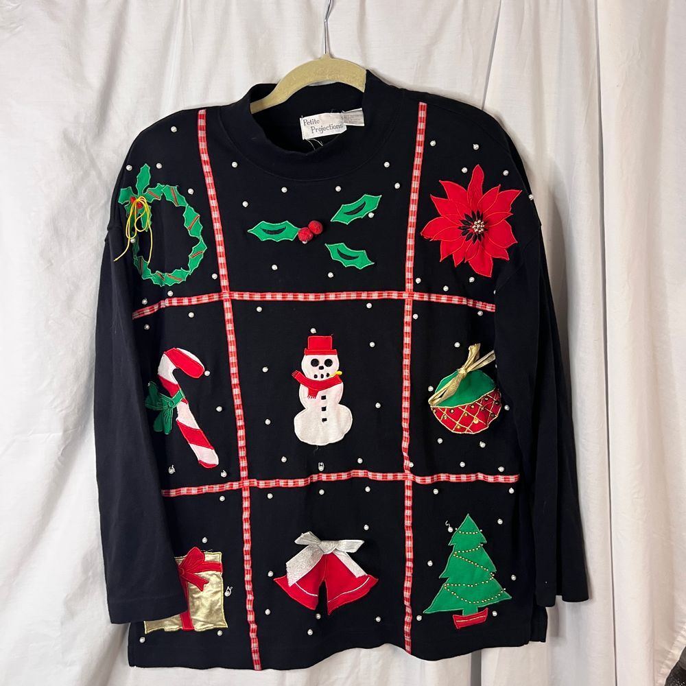 Petite Projections 90s vintage ugly Christmas mockneck cotton top‎ grid Sz Med